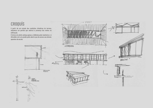 Apoena — prancha de croquis à mão: implantação, coberta e detalhes