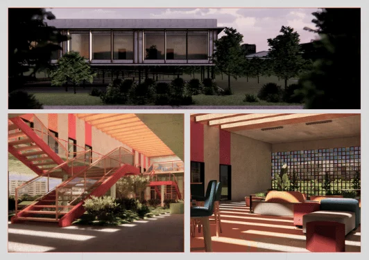 Apoena — renders do acesso com escada vermelha, fachada e estar interno