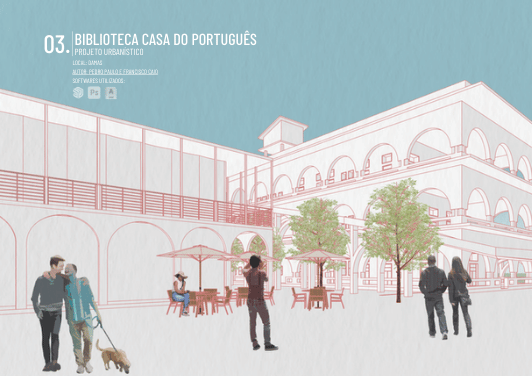 Biblioteca Casa do Português — render do pátio com arcos, mesas e vegetação
