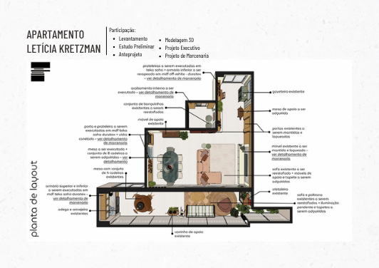 Apartamento Letícia Kretzman — planta de layout do anteprojeto de interiores