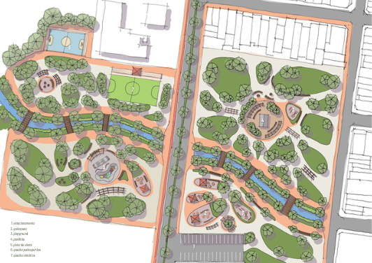 Parque Renascer — planta de implantação com programa de lazer e esporte