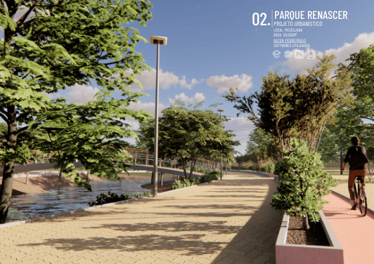 Parque Renascer — render do passeio sombreado junto à água